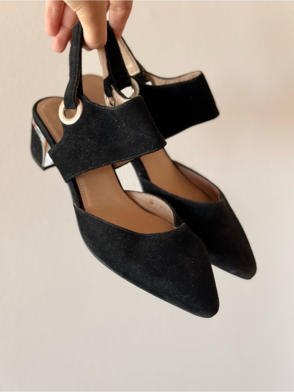 Hush Puppies Black Suede Pointed Slingback Heels with Metallic Eyelet - Picture 1 of 6